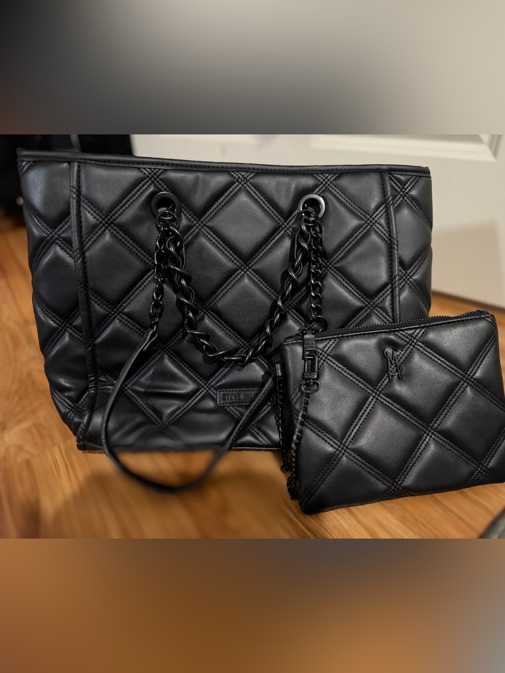 Steve Madden Black Quilted Tote with Matching Pouch and Chain Straps